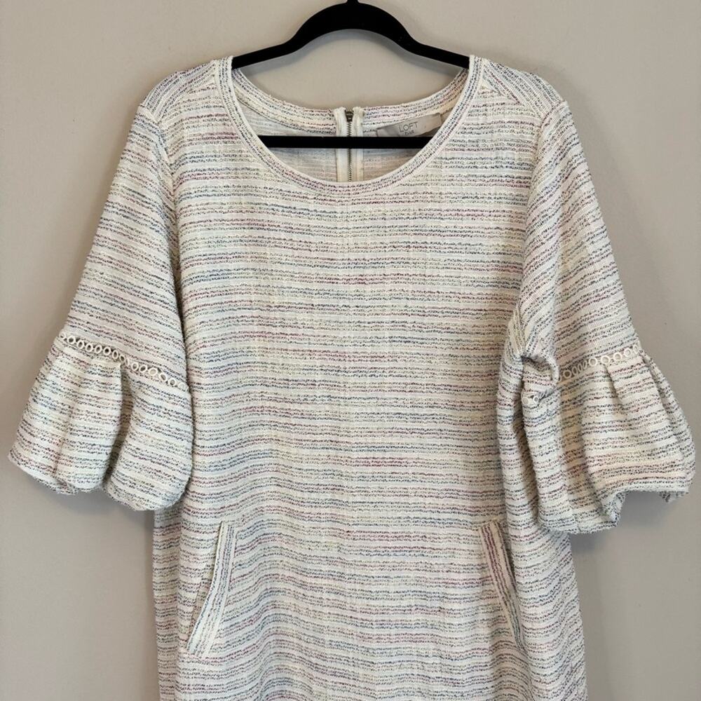 Loft Women's Cream Striped Bubble Sleeve Pocketed Shift Mini Dress Size 16/18 - Picture 3 of 9